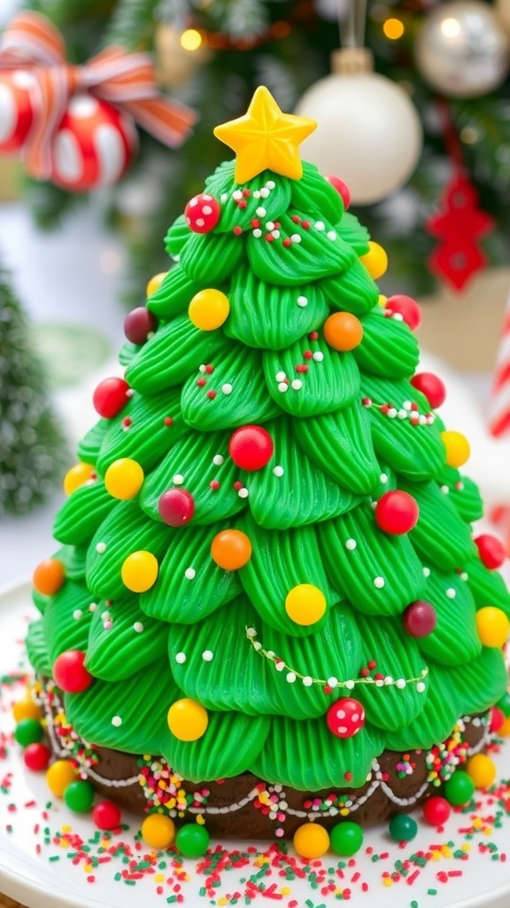 Festive Christmas Tree Jumper Recipe A Christmas tree-shaped cake decorated with green frosting and colorful candies, ready for holiday celebrations.